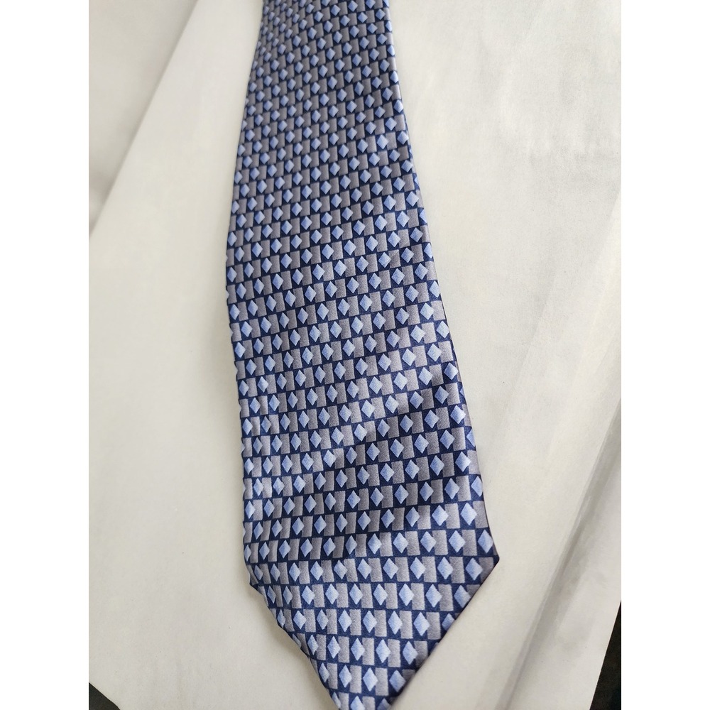 Stonehenge Mens Blue Grey Geometric Diamond Pattern 100% Silk Handmade Necktie